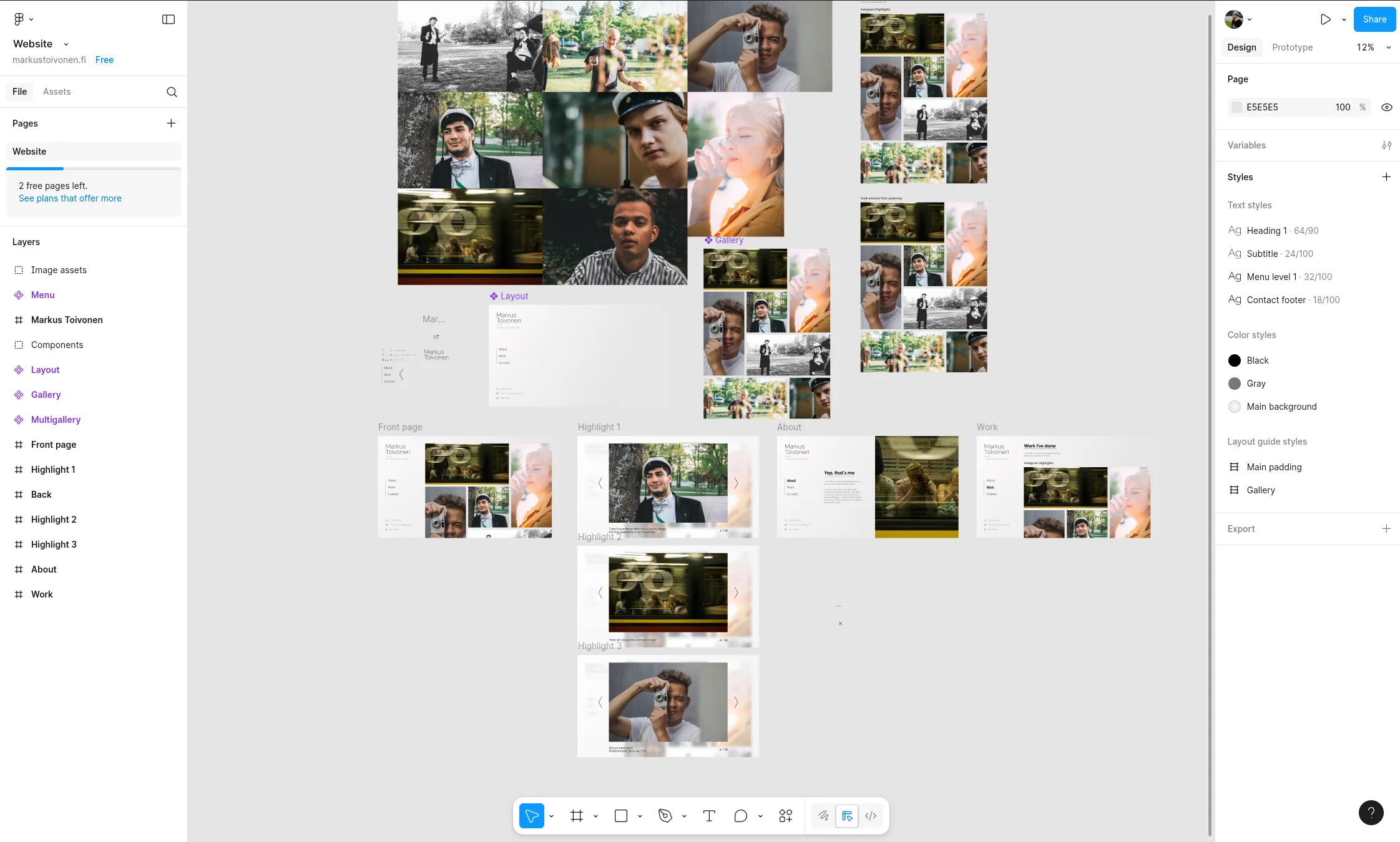 Screenshot of the Figma design file for markustoivonen.fi, showing different screens and component mockups.