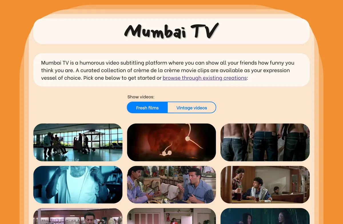 Home page of mumbaitv.online, showing a list of bollywood films for the users to subtitle