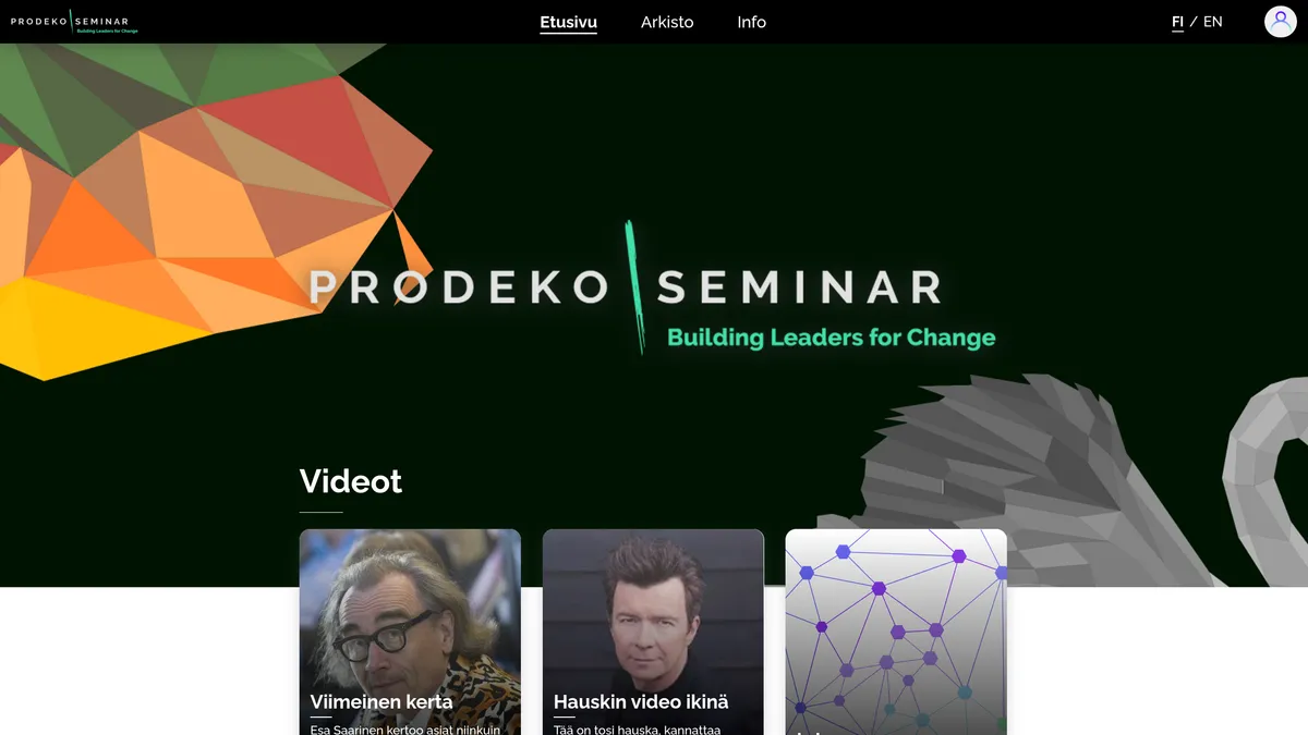 Front page of Prodeko Community website, with a logo banner and highlighted videos visible.