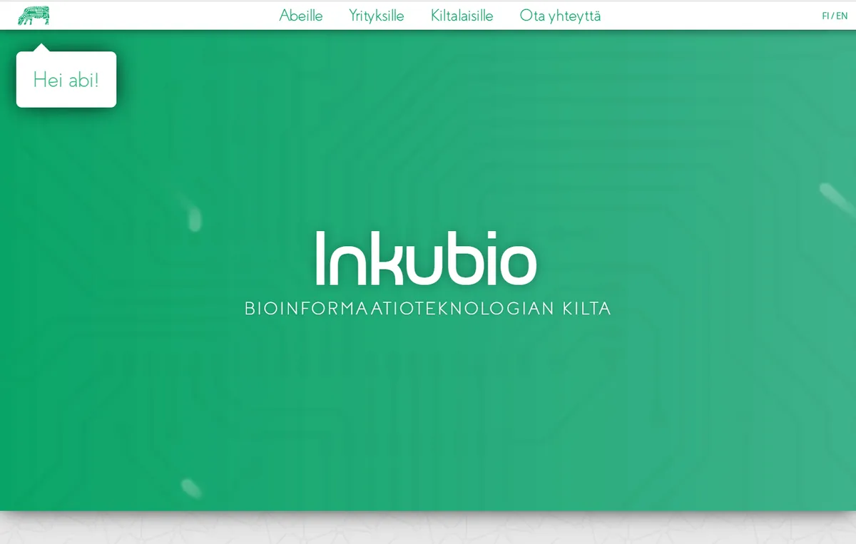 The old inkubio.fi front page, with a circuit board with its traces animated to move towards the center.