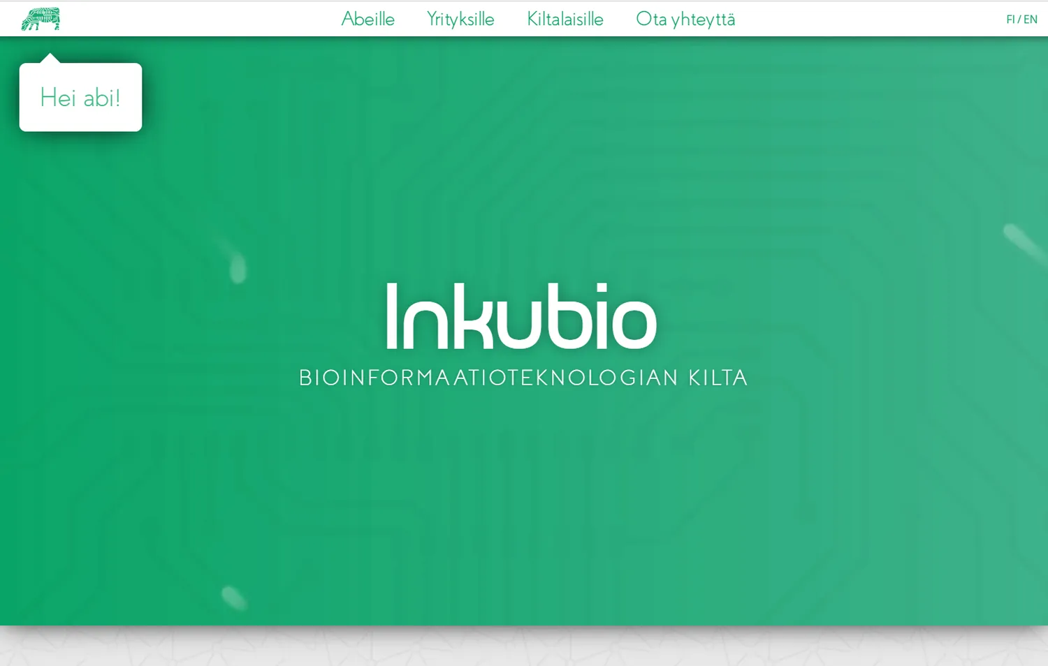 The old inkubio.fi front page, with a circuit board with its traces animated to move towards the center.