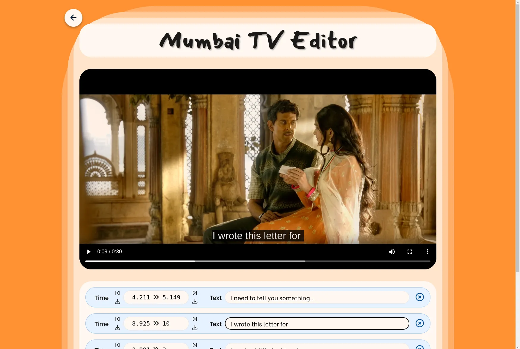 Mumbaitv.online subtitle editor screen, showing a still image from the 2019 Bollywood movie "Super 30".
